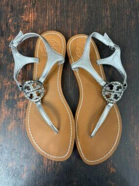 Tory Burch silver leather T-strap sandals